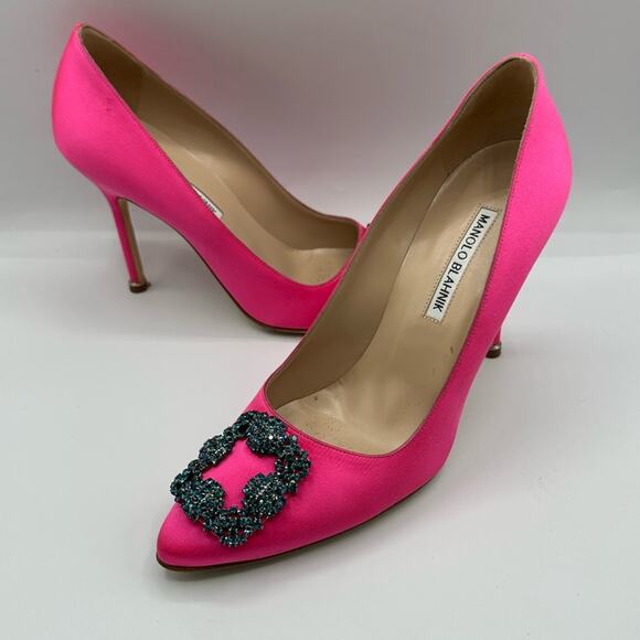 Manolo Blahnik Hangisi 105 Size 39 BPNK Satin Pumps - Picture 3 of 12